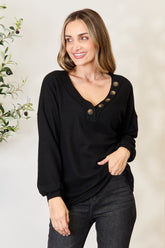 Zenana Women's Buttoned Long Sleeve Waffle-Knit Blouse - Soft & Stylish
